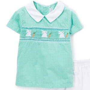 Fantaisie Kids Easter Hand Smocked Boys Short Sleeve Shirt Gingham Green Bunny